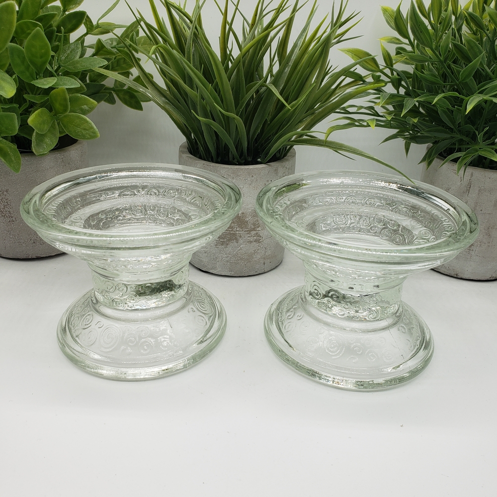Vintage/Antique Scroll Design Clear Glass Tapered or Pillar Candle Holder Set